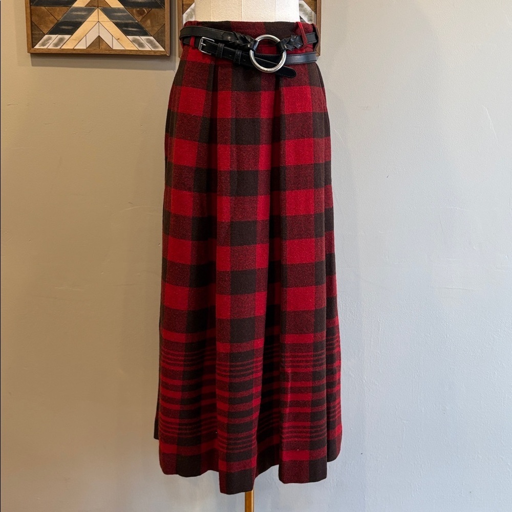 Ralph Lauren Vintage 80s Red and Black Wool Buffalo Plaid Long Pleated Skirt 10